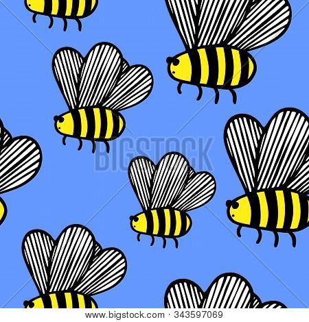 Seamless Pattern With Drawn Bees In Vector