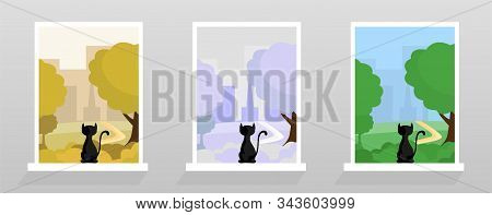 Cat At Window Sill Vector Illustrations Set. Colorful Cityscape, Autumn, Winter And Spring Seasons O