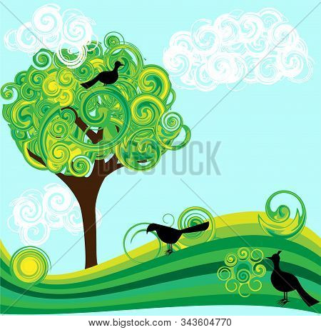 Bright Illustration With Spiral Elements And Birds