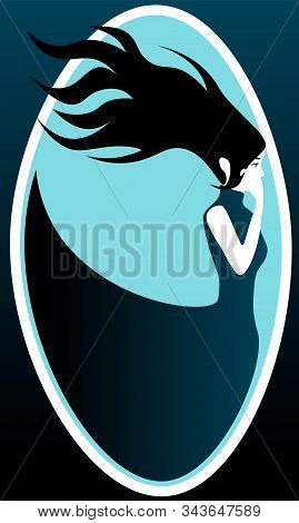 Profile Of Sad Woman With Long Black Hair And Dark Blue Dress