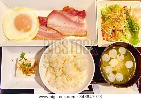 Traditional Japanese Morning Breakfast Menu On Plates.horizontal Image