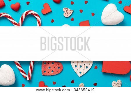 Lovely Rectangle Background, Valentines Day Background. Love Hearts, Candys, Flat Lay, Top View, Cop