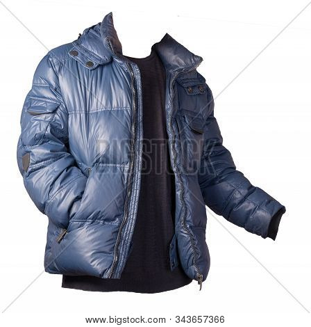 Blue Jacket And Dark Blue Sweater Isolated On White Background.bologna Jacket And Wool Sweater