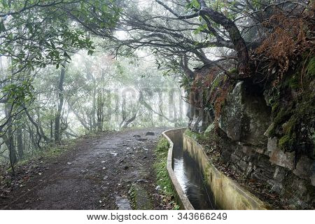 The Levada Do Furado On Madeira Island, Portugal Wiggles Around A Corner In The Misty Mountainside F