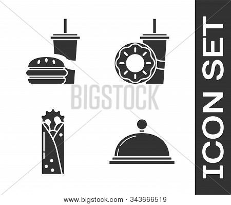 Set Covered With A Tray Of Food, Paper Glass With Drinking Straw And Burger, Doner Kebab And Paper G