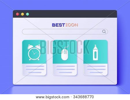 Set Computer Mouse, Alarm Clock And Marker Pen Icon. Vector