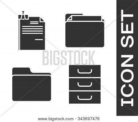 Set Drawer With Documents, File Document And Binder Clip, Document Folder And Document Folder Icon. 