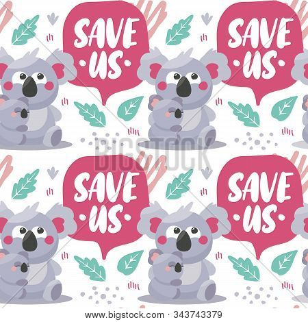 Seamless Vector Pattern Save Koala Bears With Leaf Australia
