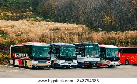 Aomori, Japan - Nov 4, 2019. Tourist Bus For Hakkoda Mountains Site In Autumn. Hakkoda Mountains Is 