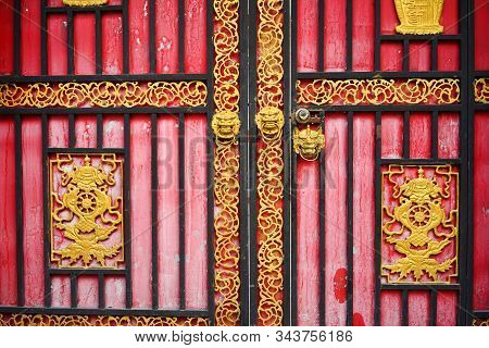 Wooden Door Of Ancient Tibetan Temple In Garze Tibetan Autonomous Prefecture, Sichuan, China.