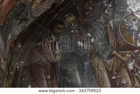Vazelon, Turkey - May 6, 2019: Fresco Of Portrait Of A Saint At The Destroyed And Abandoned Monaster