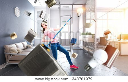 Woman doing funny cleaning. Mixed media