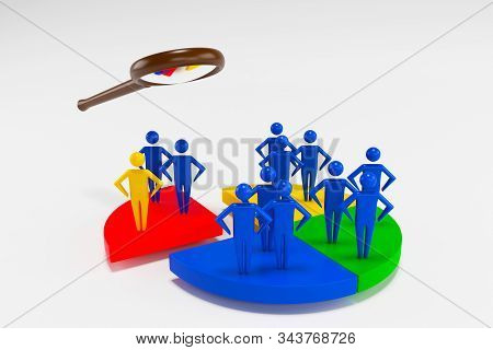 Businesspeople Analyzing Market Segment Using Magnifying Glass. Different Groups Of 3d Men Occupy Di