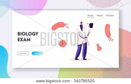 Pandemic Illness Website Landing Page. Epidemiologist Scientist Writing At Clip Board On Pink Backgr