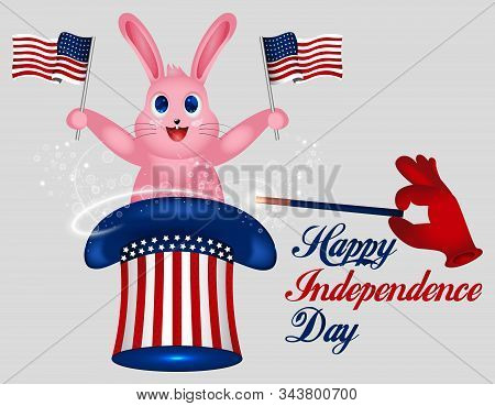 Rabbit Holds American Flag. Star Striped Uncle Sam Hat. American Hat. Magic Trick With Rabbit In Unc