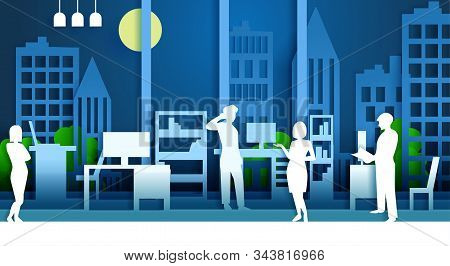 Office Interior And Business Team Design Concept. Vector Illustration In Paper Cut Style. People In 