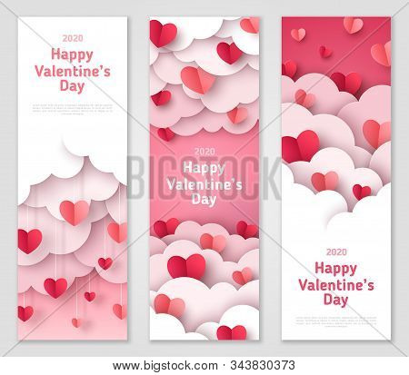 Happy Valentines Day Vertical Banners Set With Paper Cut Clouds And Hearts. Vector Illustration. Hol