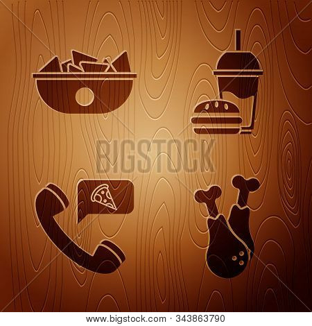 Set Chicken Leg, Nachos In Plate, Food Ordering Pizza And Paper Glass With Drinking Straw And Burger