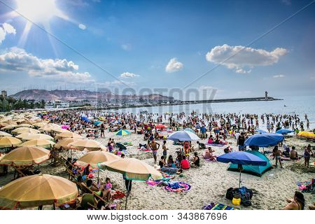 lima, Peru-Jan 11, 2019:Pacific coast view in sunny day, observation deck, stairway to the beach. View from the Public park in Miraflores district. Lima, Peru. 