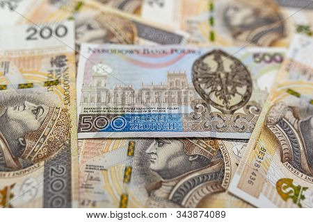 The Rear Side Of A Rare Polish 500 Pln Banknote Lying Between 200 Pln, Polish Zloty Banknotes.