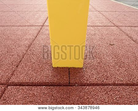 Combination Of Steel Construction And Rubbery Tills On Workout Gym. Outdoor Fitness Place