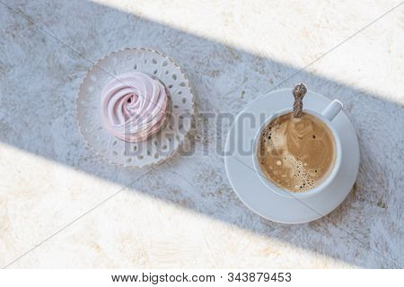 Cup Of Black Coffee With Fluffy, Airy Zephyrs. Mockup For Different Ideas. Empty Place For Positive,