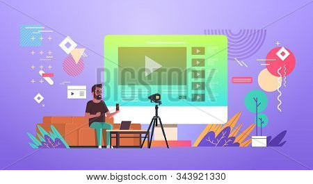 Technology Blogger Recording Online Video Man Testing New Smartphone Blogging Concept Vlogger Explai