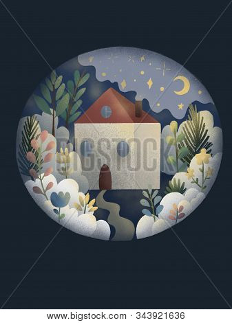 Small House In The Magic Forest. Concept Children Book Illustration. Colored Branches Around House I