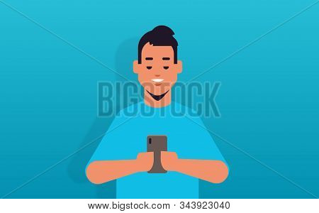 Man Holding Cellphone Smiling Guy Using Smartphone Mobile App Social Media Communication Concept Mal