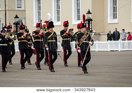 Sandhurst, Berkshire, Uk - June 16, 2019: Drum Major Leading The Royal Artillery Band At A Performan