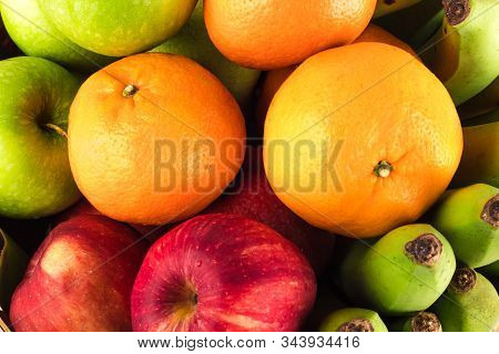 Fresh Mixed Fruits ( Orange And Red Apple And Banana And Green Apple. Fruits Healthy Eating Food Bac