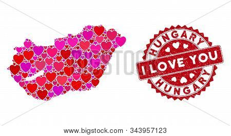 Love Collage Hungary Map And Grunge Stamp Watermark With I Love You Phrase. Hungary Map Collage Desi