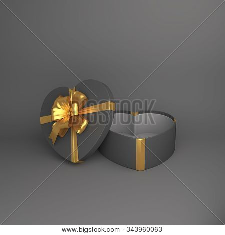 Happy Valentines Day, Valentines Day Background, Black Opened Heart Shape Gift Box Gold Ribbon On Gr