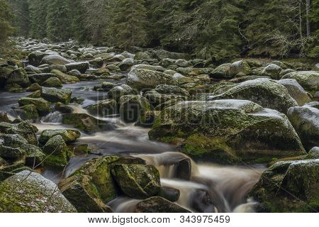 Vydra River In Winter Cold Day In National Park Sumava