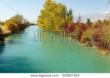 Irrigation Canal, Chuy Province In Kyrgyzstan, Autumn Landscape