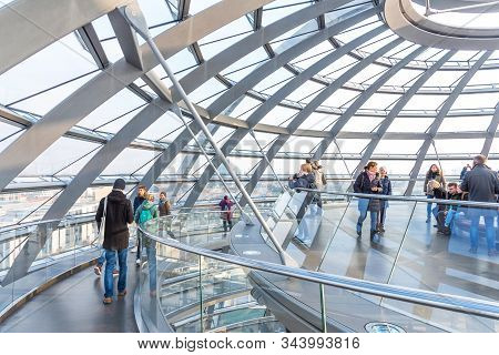Berlin, Germany - November 23, 2019: Interior Of The Reichstag Dome. People Visit The Reichstag Dome