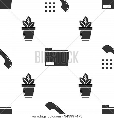Set Telephone Handset, Document Folder And Flowers In Pot On Seamless Pattern. Vector