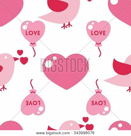 Vector Heart, Brid, Baloon Seamless Pattern Background On White Surface