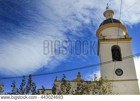 Beautiful San Juan Bautista Church In Beniarda Village In Winter. Monochrome Picture.