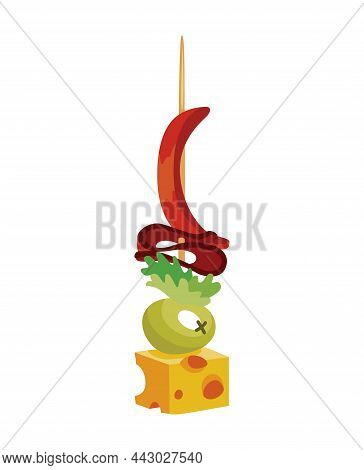 Canape Of Appetizer With Toppings. Snack For Party, Cold Food On Wooden Stick. Canape For Buffet, Ic
