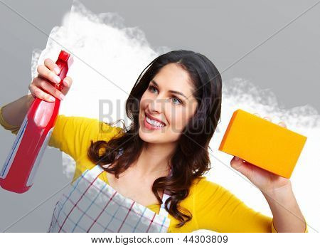 Giovane casalinga sorridente. Sfondo di lavori domestici.