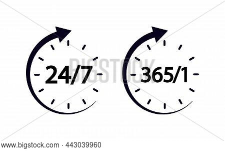 24 7 Hour Clock Icon. 24 7 Hrs And 365 Day Open, Service And Support. 24h Call Center For Customer A