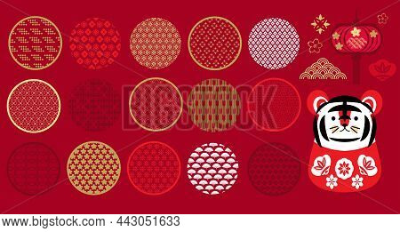 Happy Chinese  New 2022  Year, Year Of The Tiger. Template Decor  Festive  Set Icons For Card,  Webs