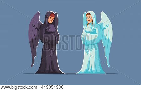Angel And Devil, Good And Evil Characters With Wings Wear White And Black Robe. Male And Female Pers