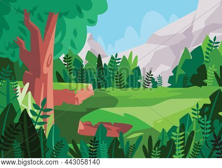 Scenery Mountain Big Tree Is Surounded Little Plants In Green Color And The Grass Fields With Blue S