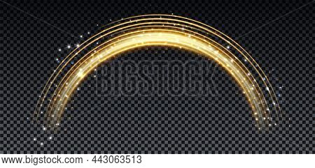 Gold Magic Arc. Abstract Magic Light Effect. Luminous Neon Lines With Flying Lights.