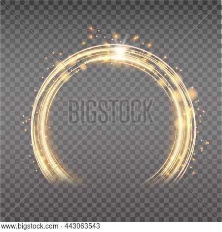 Gold Magic Arc. Abstract Magic Light Effect. Luminous Neon Lines With Flying Lights.