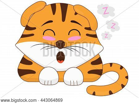 Cute Tiger Cub Is Sleeping, Symbol Of The New Year 2022, Vector Illustration In Flat Style Isolated 