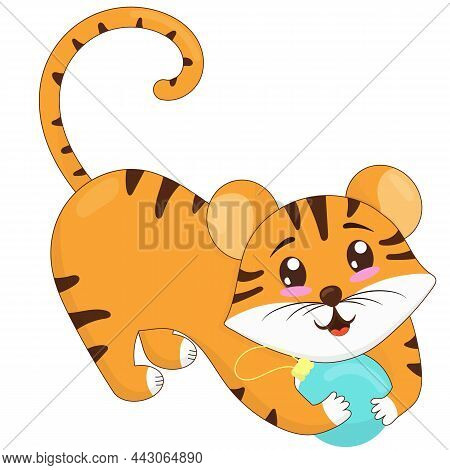 Cute Tiger Cub Playing With Christmas Ball, Tinsel, Symbol Of The New 2022, Vector Illustration In F