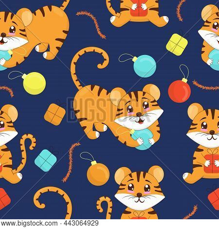 New Year Cute Tiger Cubs Playing With Christmas Balls And Opening Gifts, Vector Seamless Pattern In 
